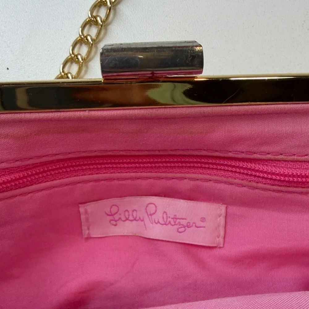 Lilly Pulitzer Gold Shimmer Cream Pink Clutch Bag w golden chain